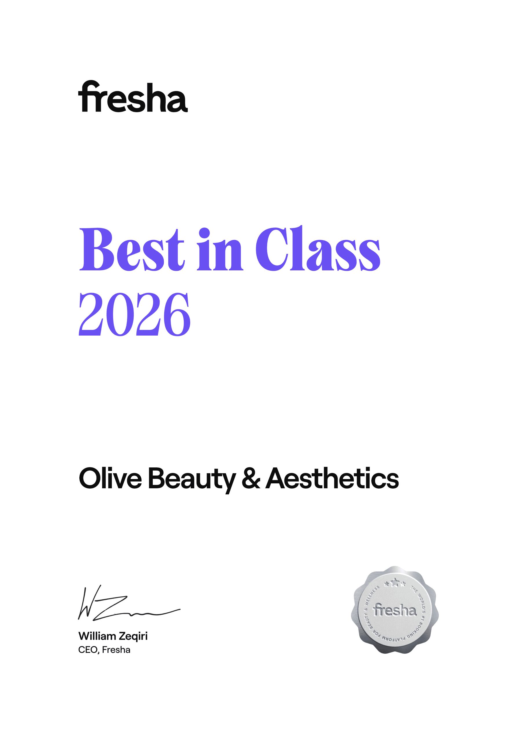 Fresha Best in Class 2026 Olive Beauty and Aesthetics