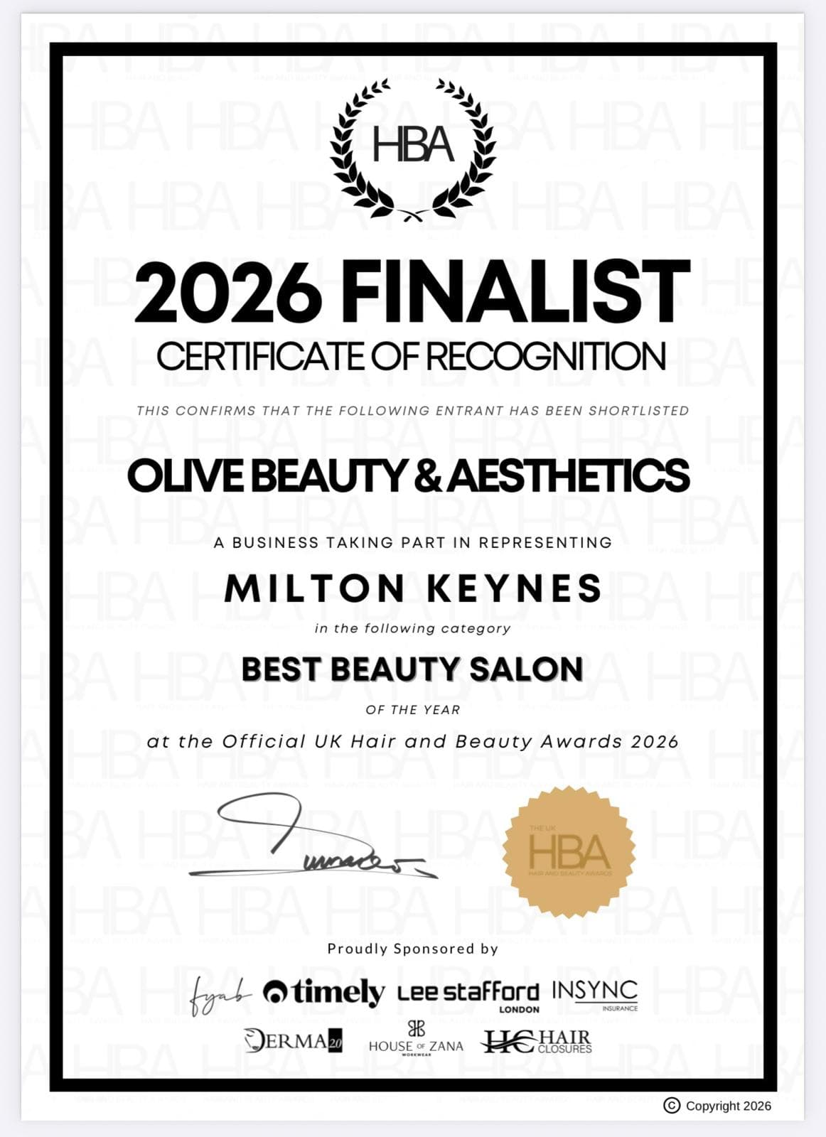 HBA 2026 Best Beauty Salon finalist certificate