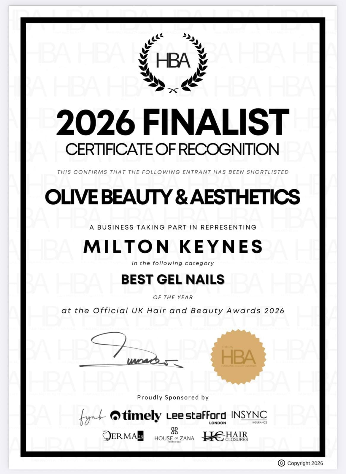 HBA 2026 Best Gel Nails finalist certificate