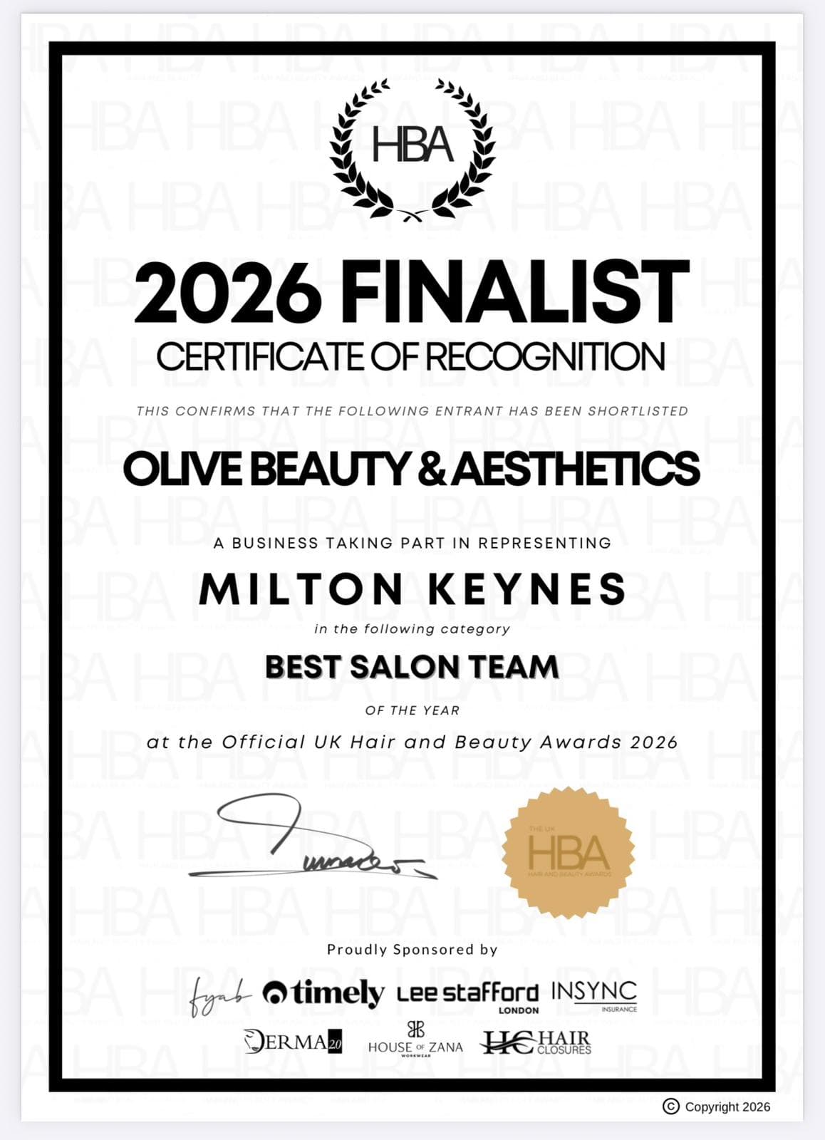 HBA 2026 Best Salon Team finalist certificate